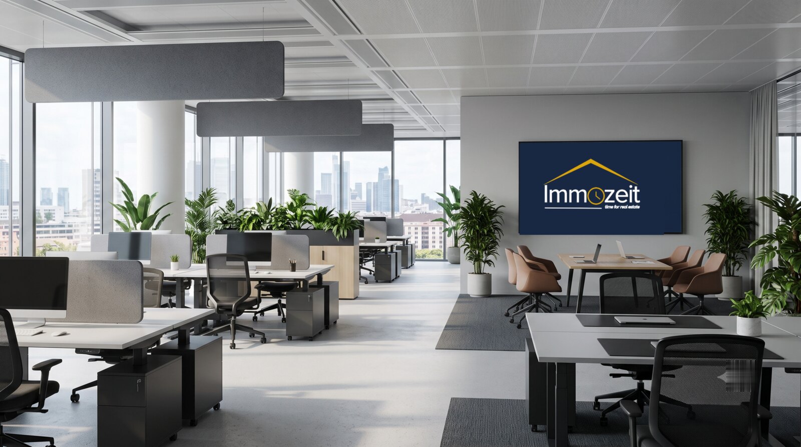 Arbeiten bei Immozeit Nachlass – modernes Büro mit dem Immozeit-Logo auf dem Präsentationsbildschirm